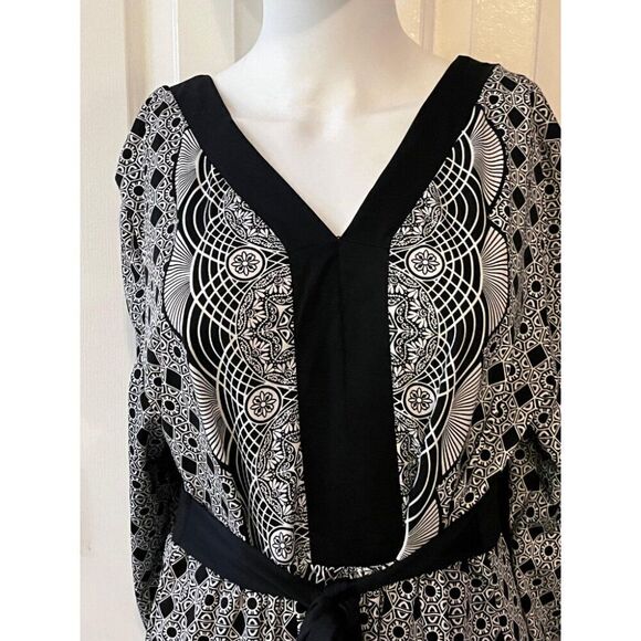 ECI Women's A-Line Dress XL Black Geometric Print Bohemian Long Sleeves - Picture 2 of 10